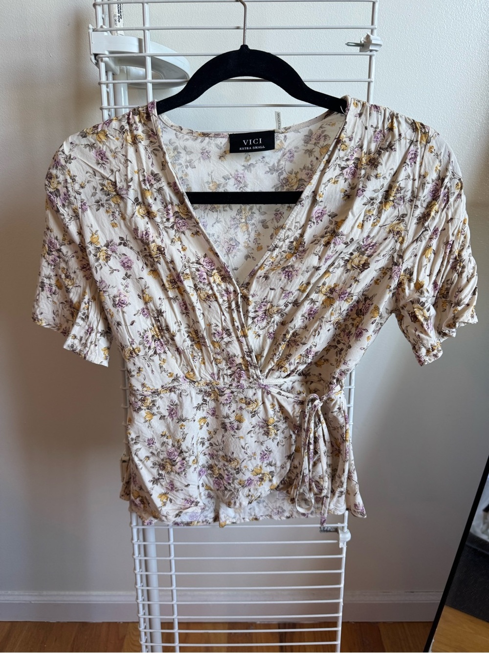 VICI Cream Floral Wrap Top with Purple & Yellow Blossoms